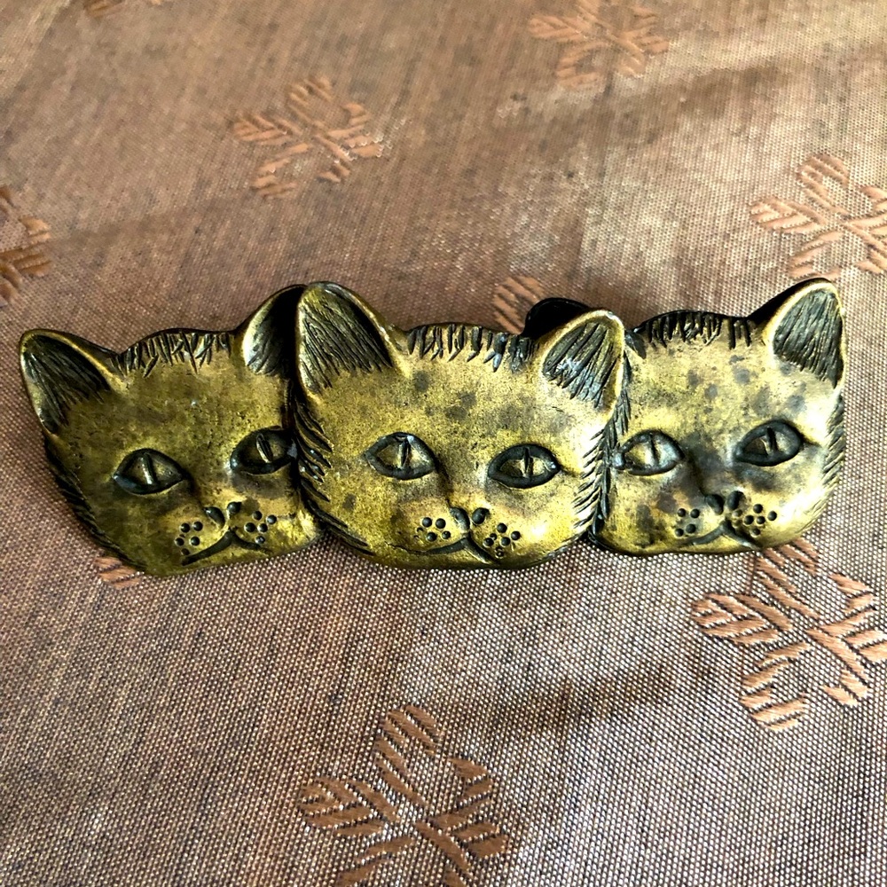 Three Amigos Vintage Brass Cat Brooch
